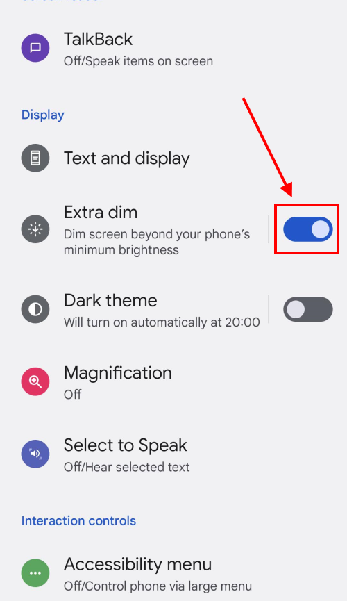 Tap the toggle switch for Extra dim to turn it on